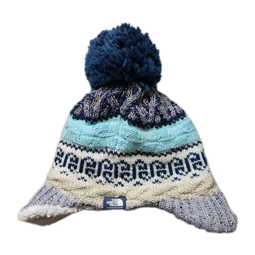 The North Face Baby Knit Hat 6-24M Ear Flap Fleece Lined Pom Beanie Winter Blue